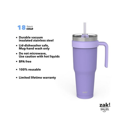 Zak Designs 40 Ounce Antimicrobial Stainless Steel Water Bottle, Wisteria