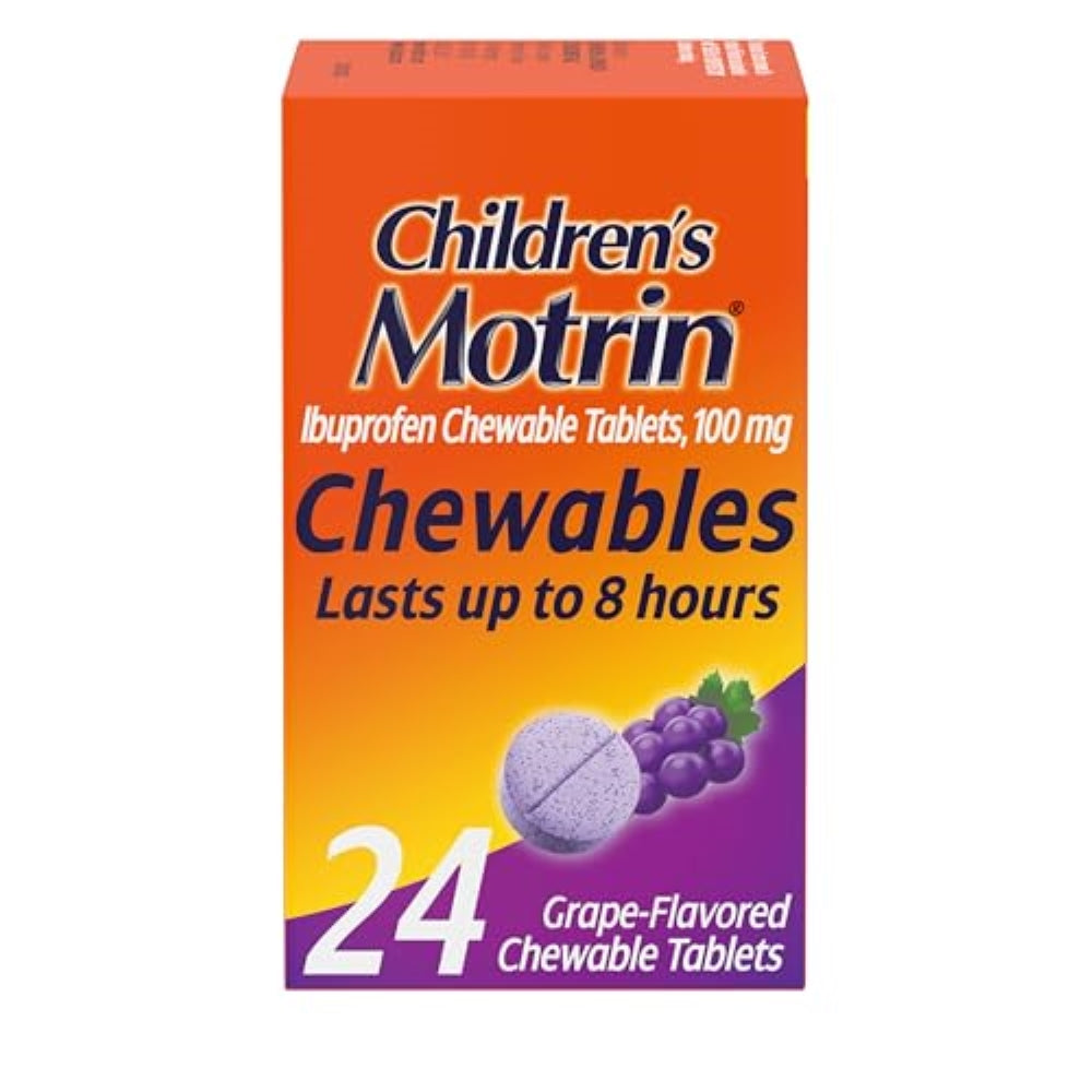 Motrin Children's Chewable Tablets with Ibuprofen, Kids' Fever Reducer & Pain Reliever for Sore Throat, Fever, Toothache & Pain Relief, Grape Flavor, 24 Ct