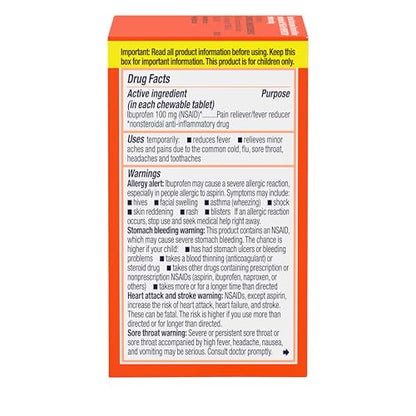 Motrin Children's Chewable Tablets with Ibuprofen, Kids' Fever Reducer & Pain Reliever for Sore Throat, Fever, Toothache & Pain Relief, Grape Flavor, 24 Ct