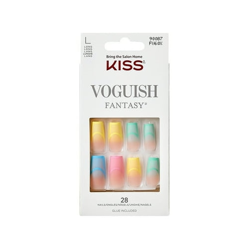 KISS Voguish Fantasy Long Square Glue-On Summer Nails, Multi-Pastel, 28 Pieces