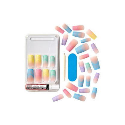 KISS Voguish Fantasy Long Square Glue-On Summer Nails, Multi-Pastel, 28 Pieces