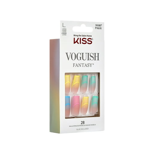 KISS Voguish Fantasy Long Square Glue-On Summer Nails, Multi-Pastel, 28 Pieces