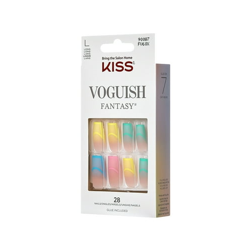 KISS Voguish Fantasy Long Square Glue-On Summer Nails, Multi-Pastel, 28 Pieces