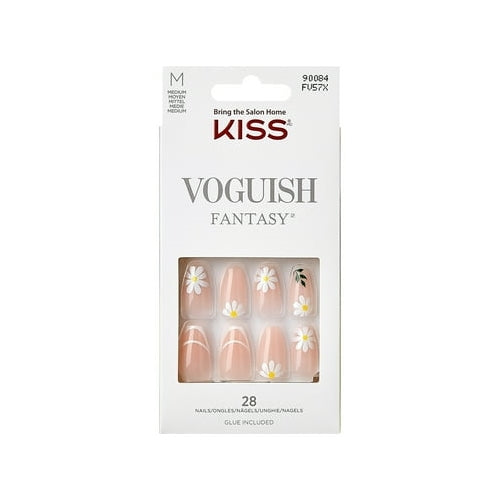 KISS Voguish Fantasy Medium Coffin Glue-On Summer Nails, White, 28 Pieces