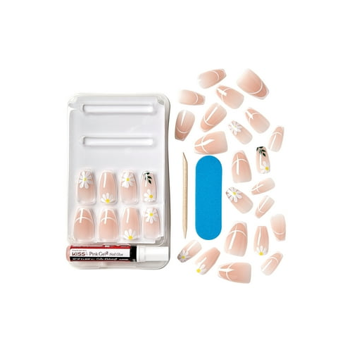 KISS Voguish Fantasy Medium Coffin Glue-On Summer Nails, White, 28 Pieces