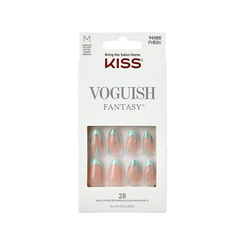 KISS Voguish Fantasy Medium Almond Glue-On Summer Nails, Green, 28 Pieces