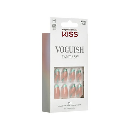 KISS Voguish Fantasy Medium Almond Glue-On Summer Nails, Green, 28 Pieces