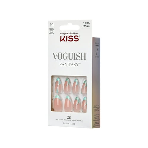 KISS Voguish Fantasy Medium Almond Glue-On Summer Nails, Green, 28 Pieces