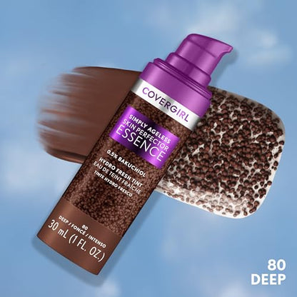 Covergirl Simply Ageless Skin Perfector Essence Foundation, 80 Deep, Tinted Skincare Makeup Hybrid, Sheer Tint, Radiant Finish, Glowy Finish, Vegan Formula, 1.0oz