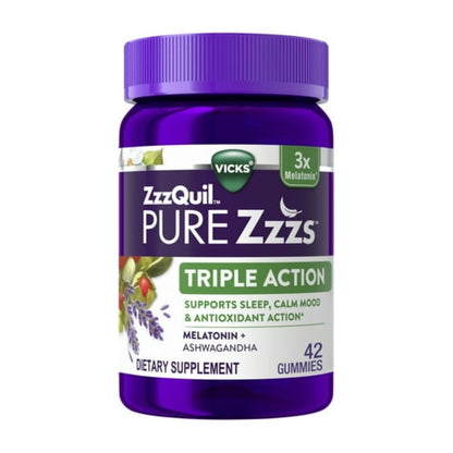 Vicks ZzzQuil Pure Zzzs Triple Action Sleep Aid Gummies, Melatonin 6mg for Sleep Support, 42 Count