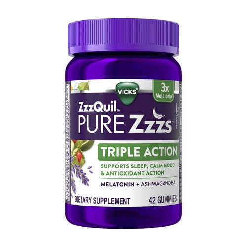 Vicks ZzzQuil Pure Zzzs Triple Action Sleep Aid Gummies, Melatonin 6mg for Sleep Support, 42 Count
