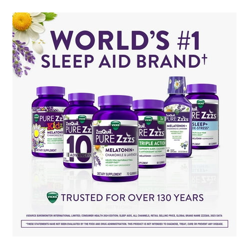 Vicks ZzzQuil Pure Zzzs Triple Action Sleep Aid Gummies, Melatonin 6mg for Sleep Support, 42 Count