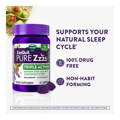 Vicks ZzzQuil Pure Zzzs Triple Action Sleep Aid Gummies, Melatonin 6mg for Sleep Support, 42 Count