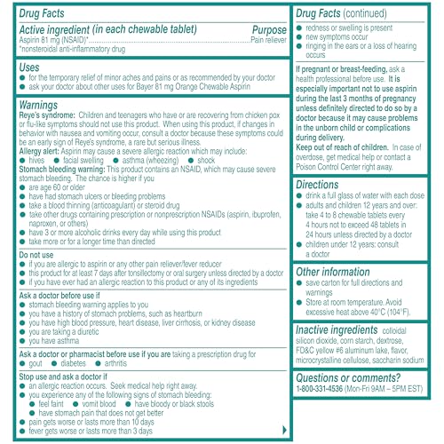 Bayer Aspirin Regimen 81mg Chewable Tablets | #1 Doctor Recommended Aspirin Brand | Pain Reliever | Orange Flavor | 108 Count, 36 Count (Pack of 3)