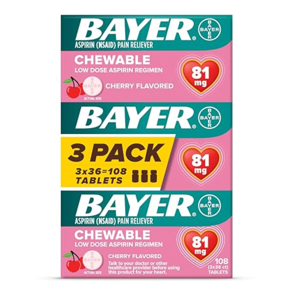 Bayer Aspirin Low Dose 81 mg Chewable Tablets, Pain Reliever, Cherry Flavored, 108 Tablets (36 Pack of 3)
