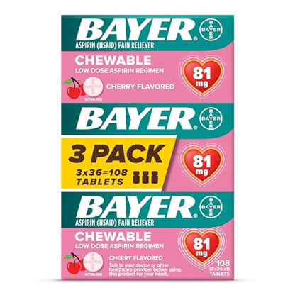 Bayer Aspirin Low Dose 81 mg Chewable Tablets, Pain Reliever, Cherry Flavored, 108 Tablets (36 Pack of 3)