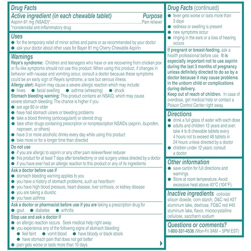 Bayer Aspirin Low Dose 81 mg Chewable Tablets, Pain Reliever, Cherry Flavored, 108 Tablets (36 Pack of 3)