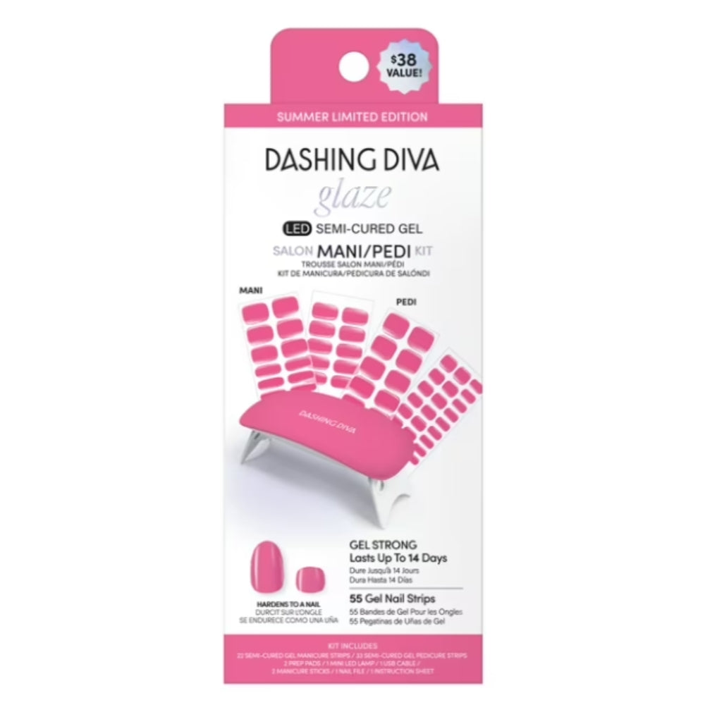 Dashing Diva Glaze Mani Pedi Kit - The Eye Candy Glaze - Comes with LED Nail Lamp - Long Lasting, Semicured Gel Nail Strips for Toes & Hands