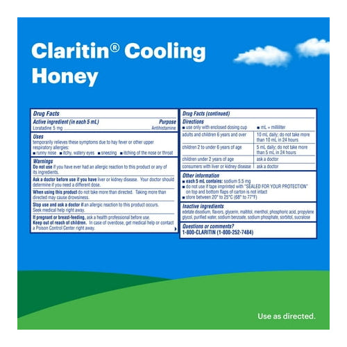 Claritin 24 Hour Non-Drowsy Loratadine Antihistamine Allergy Relief Medicine, Cooling Honey Syrup, 5 mg, 2.7 oz