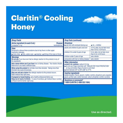 Claritin 24 Hour Non-Drowsy Loratadine Antihistamine Allergy Relief Medicine, Cooling Honey Syrup, 5 mg, 2.7 oz