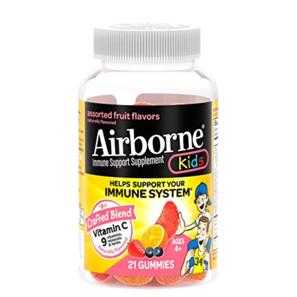 Airborne Vitamin C 500mg (per Serving) Kids Assorted Fruit Flavored Gummies (21 Count in a Bottle), Gluten-Free Immune Support Supplement with Vitamins A C E, Selenium, Echinacea & Ginger