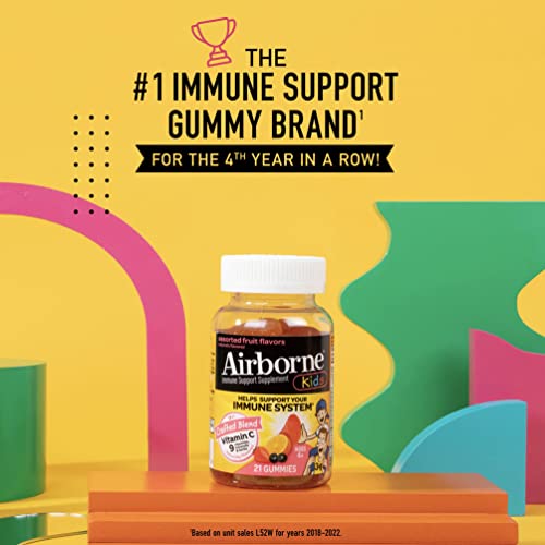 Airborne Vitamin C 500mg (per Serving) Kids Assorted Fruit Flavored Gummies (21 Count in a Bottle), Gluten-Free Immune Support Supplement with Vitamins A C E, Selenium, Echinacea & Ginger