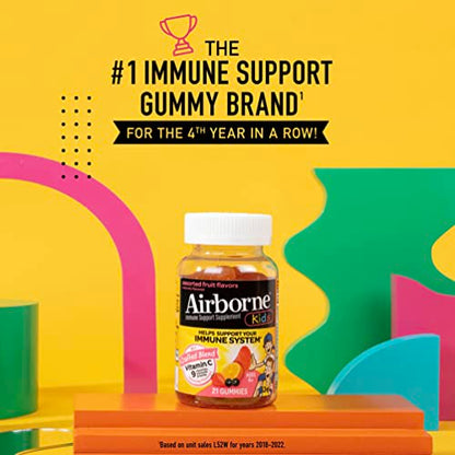 Airborne Vitamin C 500mg (per Serving) Kids Assorted Fruit Flavored Gummies (21 Count in a Bottle), Gluten-Free Immune Support Supplement with Vitamins A C E, Selenium, Echinacea & Ginger