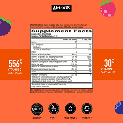Airborne Vitamin C 500mg (per Serving) Kids Assorted Fruit Flavored Gummies (21 Count in a Bottle), Gluten-Free Immune Support Supplement with Vitamins A C E, Selenium, Echinacea & Ginger