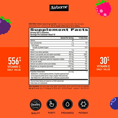 Airborne Vitamin C 500mg (per Serving) Kids Assorted Fruit Flavored Gummies (21 Count in a Bottle), Gluten-Free Immune Support Supplement with Vitamins A C E, Selenium, Echinacea & Ginger