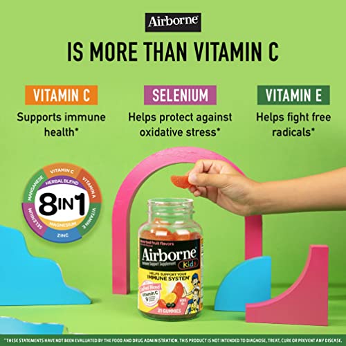 Airborne Vitamin C 500mg (per Serving) Kids Assorted Fruit Flavored Gummies (21 Count in a Bottle), Gluten-Free Immune Support Supplement with Vitamins A C E, Selenium, Echinacea & Ginger
