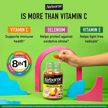 Airborne Vitamin C 500mg (per Serving) Kids Assorted Fruit Flavored Gummies (21 Count in a Bottle), Gluten-Free Immune Support Supplement with Vitamins A C E, Selenium, Echinacea & Ginger