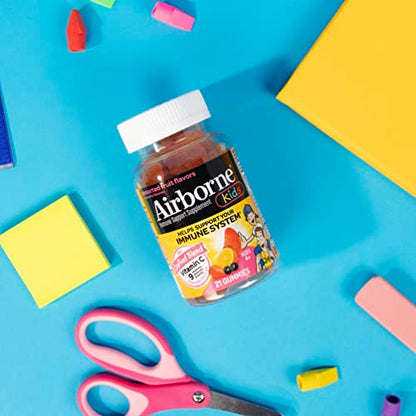 Airborne Vitamin C 500mg (per Serving) Kids Assorted Fruit Flavored Gummies (21 Count in a Bottle), Gluten-Free Immune Support Supplement with Vitamins A C E, Selenium, Echinacea & Ginger