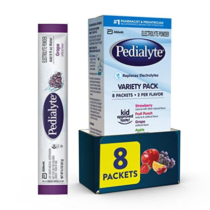 Pedialyte Electrolyte Powder | Hydration Drink for Kids & Adults | Variety Pack: Grape, Strawberry Lemonade, and Orange, 8 Powder Packets