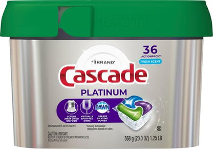 Cascade Platinum Dishwasher Pods, ActionPacs Dishwasher Detergent with Dishwasher Cleaner Action, Fresh Scent, 36 count(Packaging May Vary)