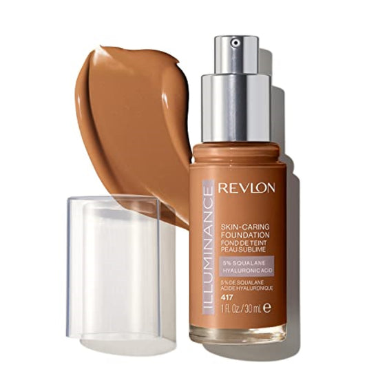 Revlon Illuminance Skin-Caring Liquid Foundation, Hyaluronic Acid, Hydrating and Nourishing Formula with Medium Coverage, 417 Warm Caramel, 1 fl oz