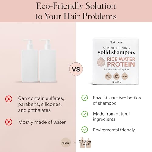 Kitsch Rice Water Shampoo Bar - Dry Hair Shampoo & Soap Bar for Hair Care - Women and Mens Shampoo - Strengthens Damaged Hair - Vegan, Paraben-Free, Sulfate-Free – All Hair Types, Made in USA - 3.2oz