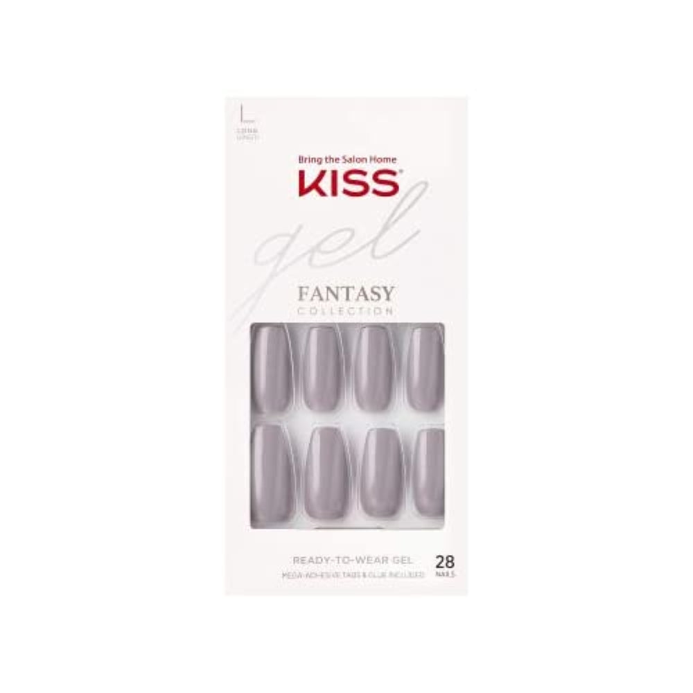 Kiss Gel Fantasy Glossy Long Length Taupe Grey Coffin Shape Glue-On Ready-To-Wear Nails FC01