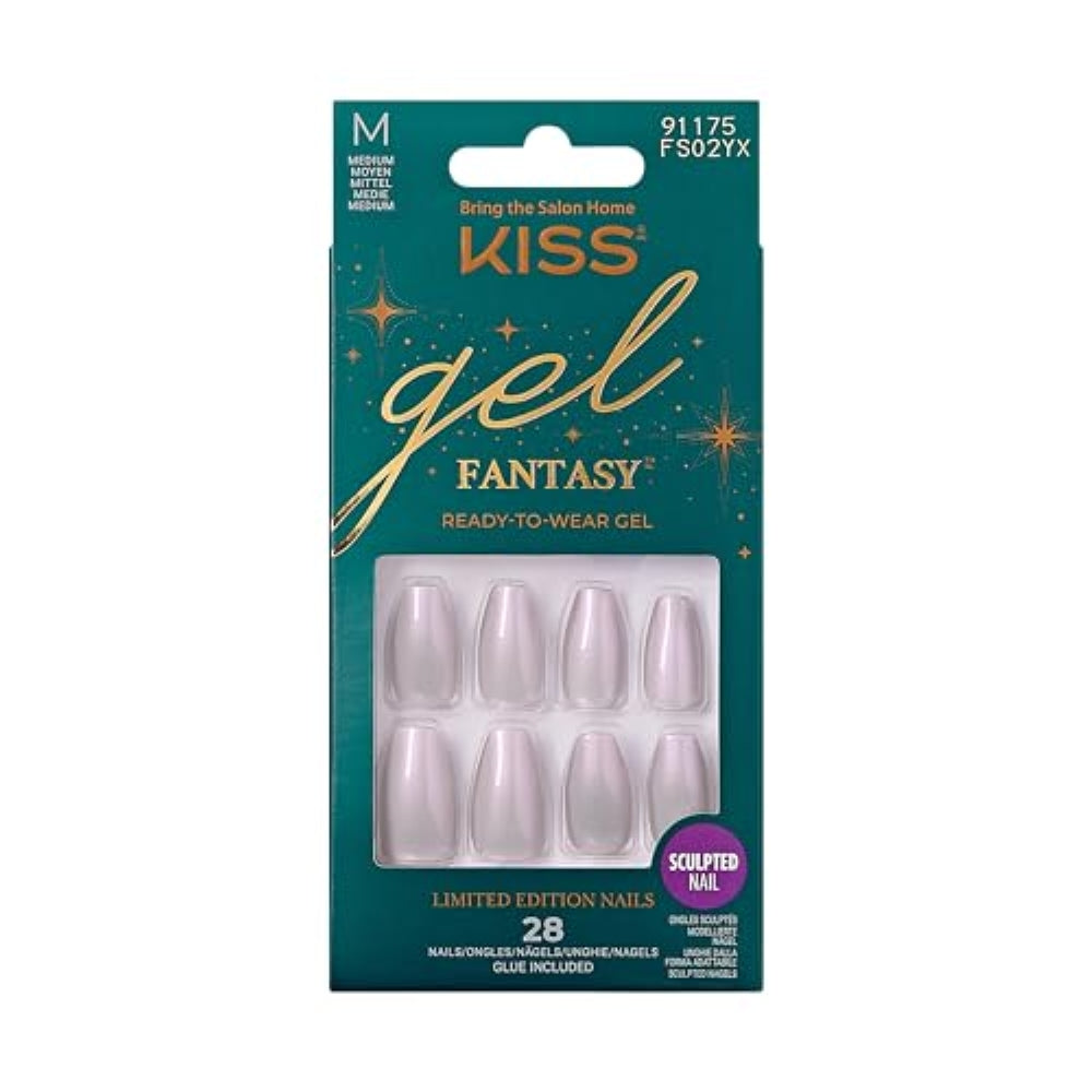 KISS Gel Fantasy Glue-On Nails, To Sparkle, White, Medium Size, Almond Shape, 28 Nails, 2g glue, 1 Manicure Stick, 1 Mini File