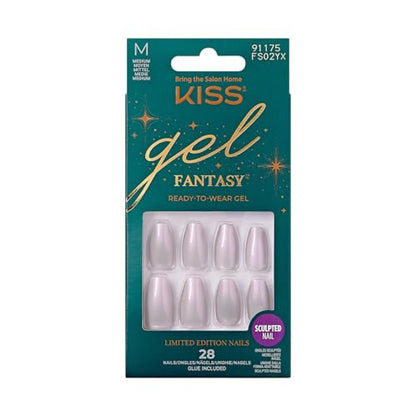 KISS Gel Fantasy Glue-On Nails, To Sparkle, White, Medium Size, Almond Shape, 28 Nails, 2g glue, 1 Manicure Stick, 1 Mini File