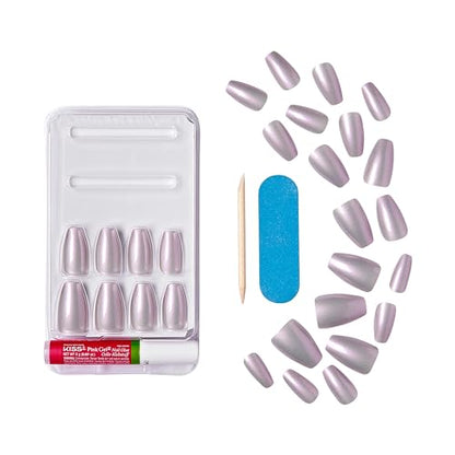 KISS Gel Fantasy Glue-On Nails, To Sparkle, White, Medium Size, Almond Shape, 28 Nails, 2g glue, 1 Manicure Stick, 1 Mini File