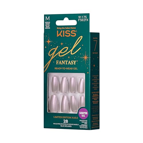 KISS Gel Fantasy Glue-On Nails, To Sparkle, White, Medium Size, Almond Shape, 28 Nails, 2g glue, 1 Manicure Stick, 1 Mini File