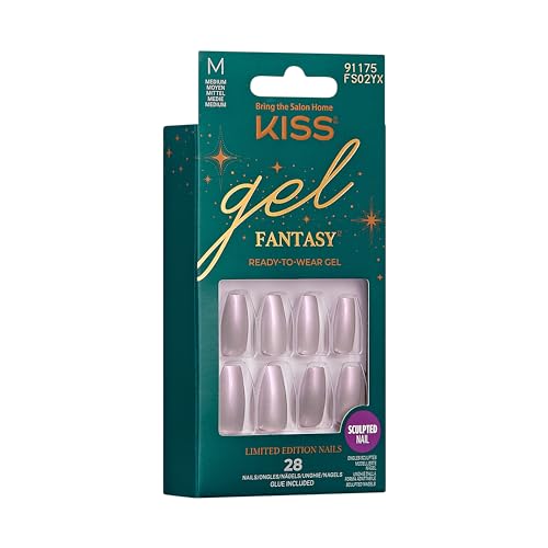 KISS Gel Fantasy Glue-On Nails, To Sparkle, White, Medium Size, Almond Shape, 28 Nails, 2g glue, 1 Manicure Stick, 1 Mini File