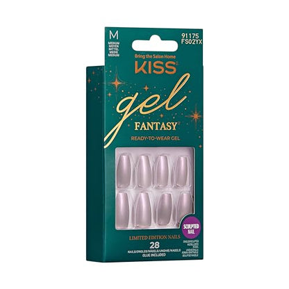KISS Gel Fantasy Glue-On Nails, To Sparkle, White, Medium Size, Almond Shape, 28 Nails, 2g glue, 1 Manicure Stick, 1 Mini File