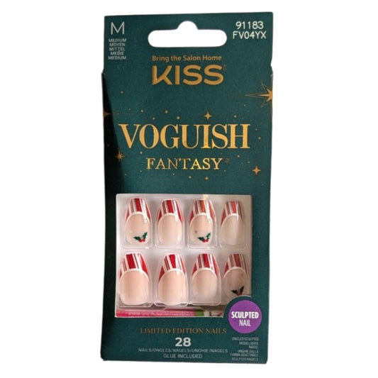 KISS Voguish Fantasy Holiday Press-on Nails, Sweater Time, Red, Medium Length, Coffin Shaped, 28 Count