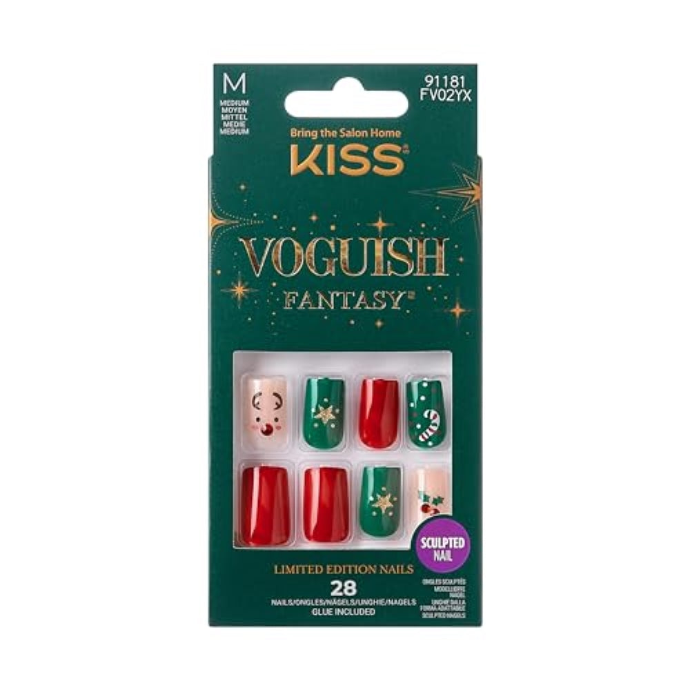 KISS Voguish Fantasy Glue-On Nails, Stockings, Red, Medium Size, Square Shape, 28 Nails, 2g glue, 1 Manicure Stick, 1 Mini File