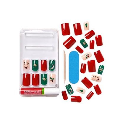 KISS Voguish Fantasy Glue-On Nails, Stockings, Red, Medium Size, Square Shape, 28 Nails, 2g glue, 1 Manicure Stick, 1 Mini File