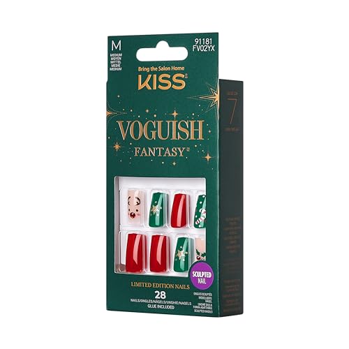 KISS Voguish Fantasy Glue-On Nails, Stockings, Red, Medium Size, Square Shape, 28 Nails, 2g glue, 1 Manicure Stick, 1 Mini File