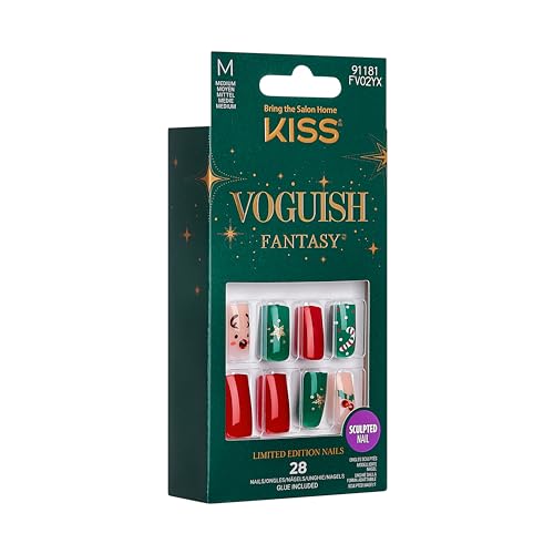 KISS Voguish Fantasy Glue-On Nails, Stockings, Red, Medium Size, Square Shape, 28 Nails, 2g glue, 1 Manicure Stick, 1 Mini File