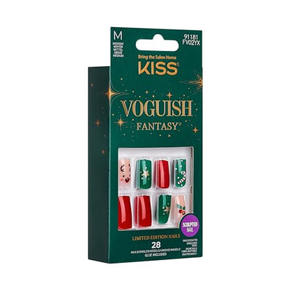 KISS Voguish Fantasy Glue-On Nails, Stockings, Red, Medium Size, Square Shape, 28 Nails, 2g glue, 1 Manicure Stick, 1 Mini File