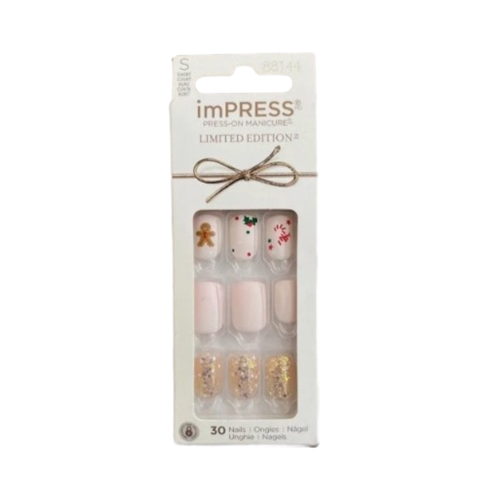 KISS imPRESS Limited Edition Holiday Press-On Manicure with PureFit Technology, Short Length, Square Shaped, Pink Press-On Nails, Style 'Dear Santa’
